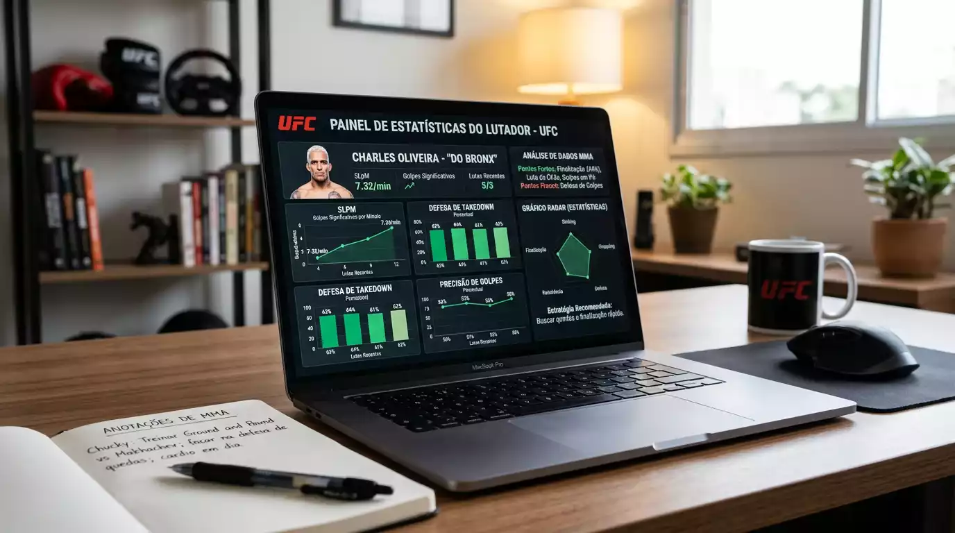 Análise estatística de lutadores UFC com métricas SLpM, TD Def% e precisão de golpes para apostas