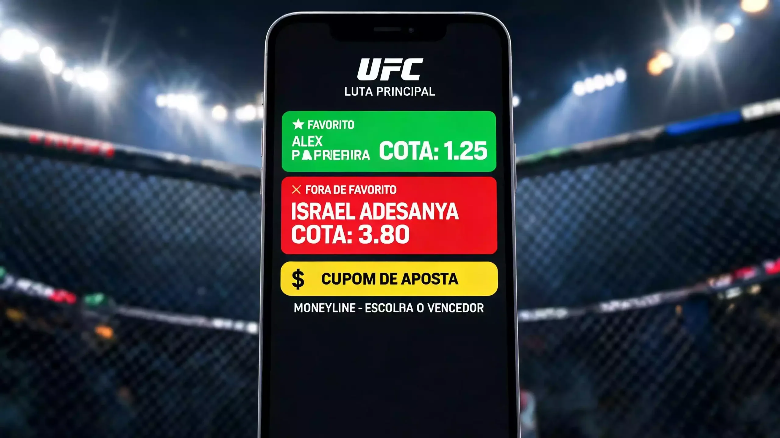 Ecrã de apostas moneyline no UFC com odds do favorito e do azarão