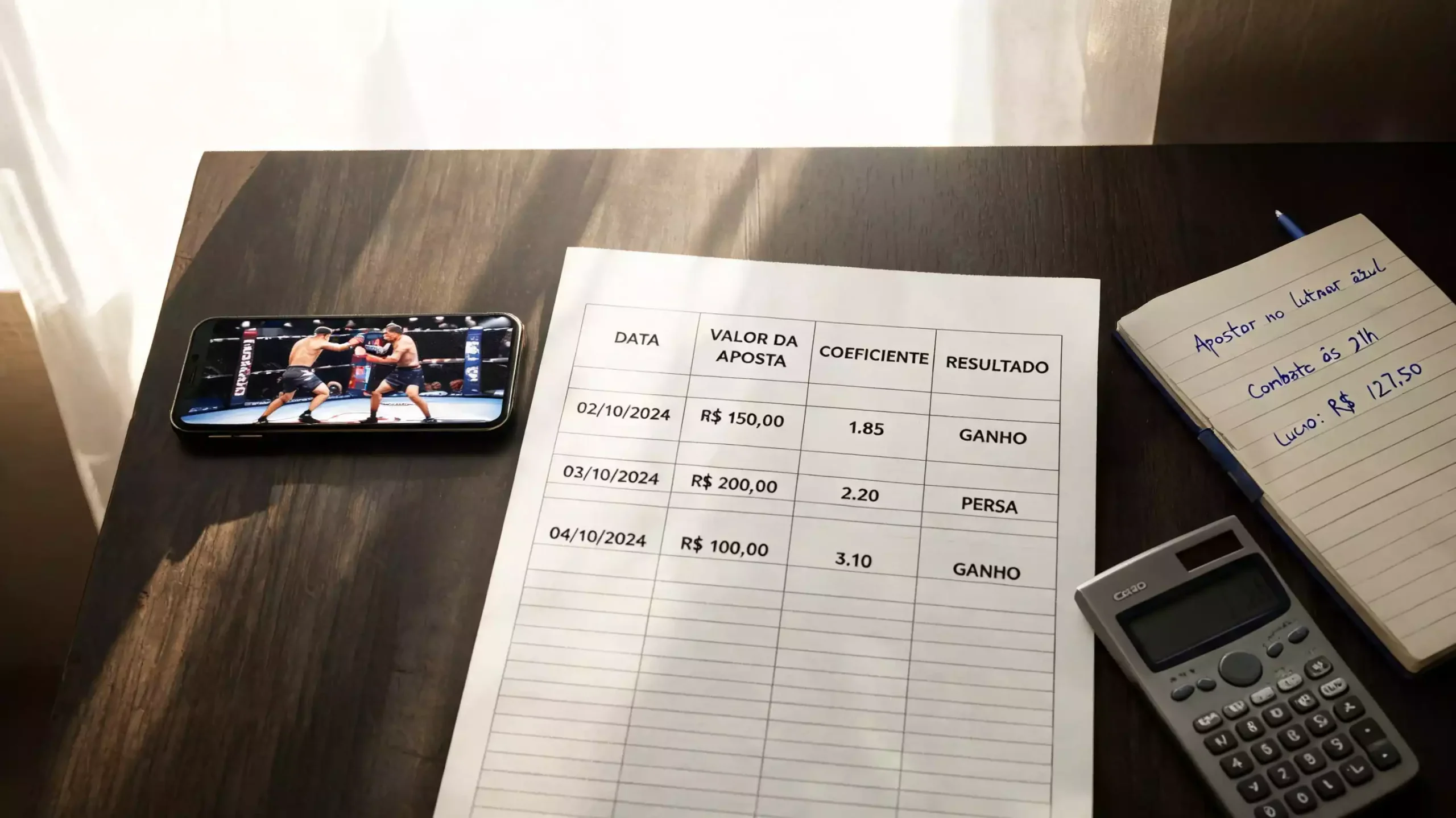 Folha de cálculo com registo de apostas UFC e métricas de ROI